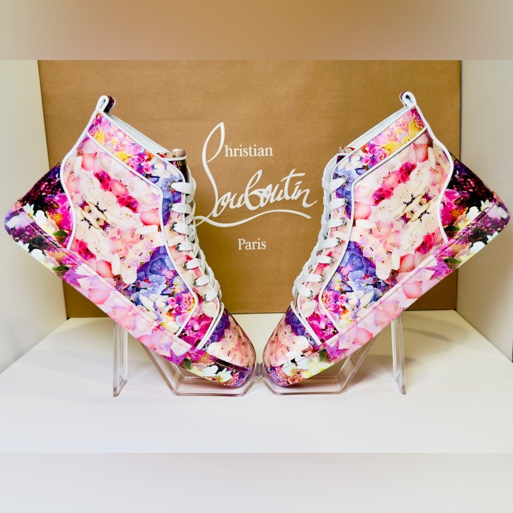 Christian Louboutin Blooming Orlato Abstract-print Silk High-top Trainers EU 44 - Picture 2 of 16
